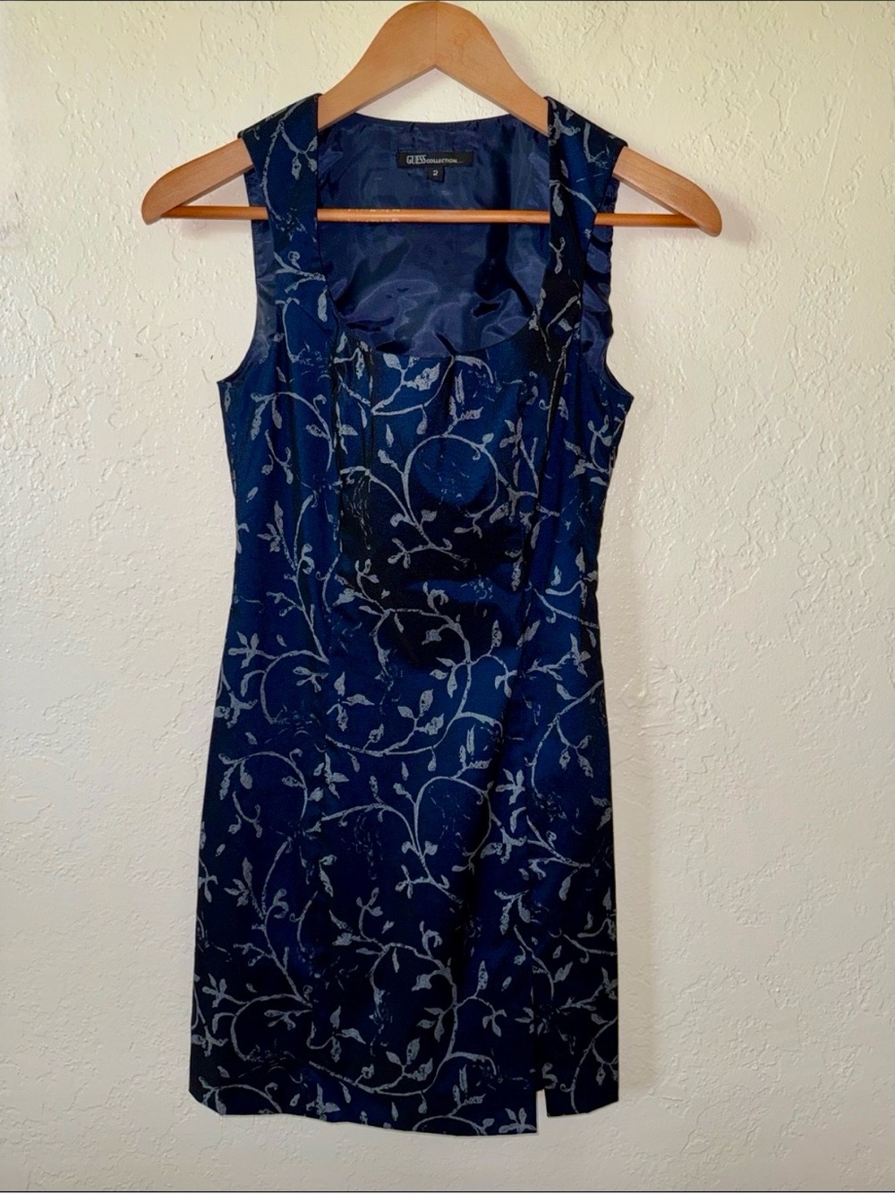 GUESS Collection 90s Mini Dress Navy Silver Metallic Floral Sheath Sz 2